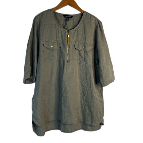 Ellen Tracy Scoop Neck Gold 1/4 Zip 3/4 Sleeve 100% Linen Side Slit Blouse LG - Picture 1 of 10